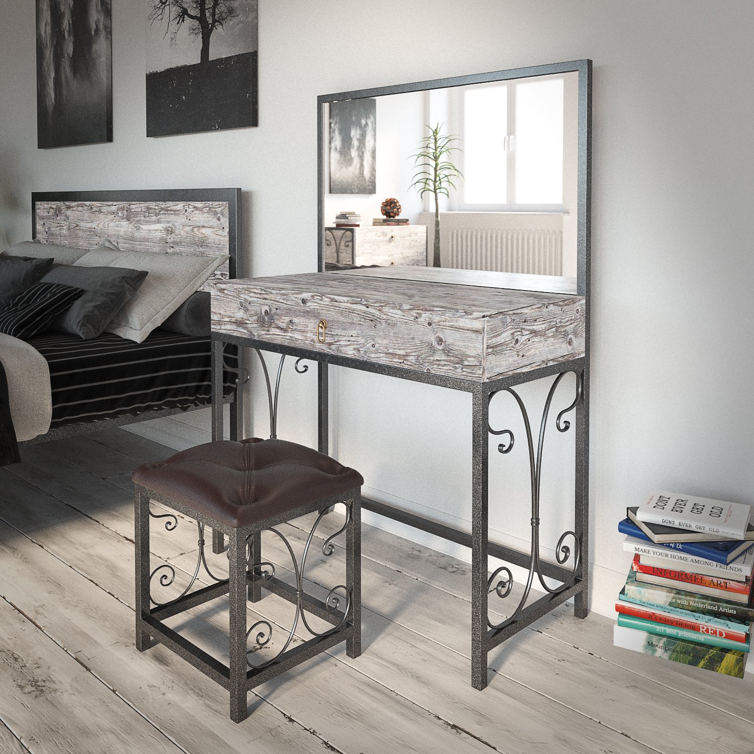 Трюмо и пуф Сплит 03 Черный бархат/Дуб морас/Родео