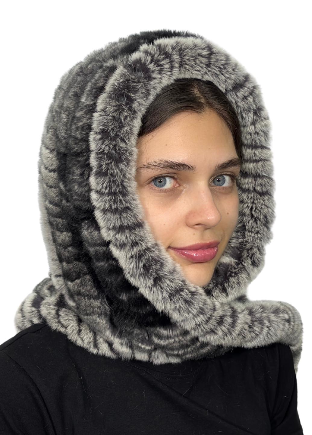 Капюшон женский вязаный Меховой стиль из натурального меха кролика Серый (316)