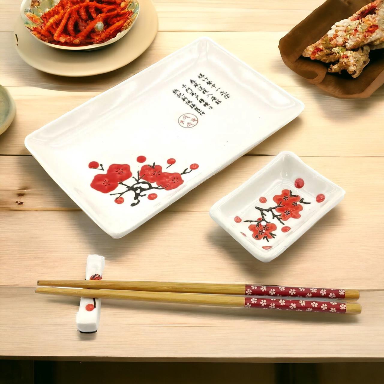 Набор для суши Сакура 4в1 тарелка/соусница/бамбуковые палочки/подставка под палочки из керамики 28х14 см (07-34280B) - фото 2 Набор для суши Сакура 4в1 тарелка/соусница/бамбуковые палочки/подставка под палочки из керамики 28х14 см (07-34280B) - фото 2