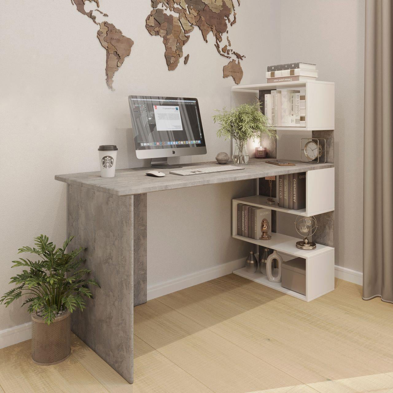 Стол рабочий угловой с полками 1400х600х1200 мм Бетон/Белый (ST-15)