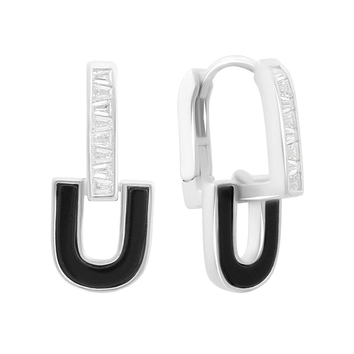 Сережки срібні з чорною емаллю у формі літери U та фіанітами багетної форми