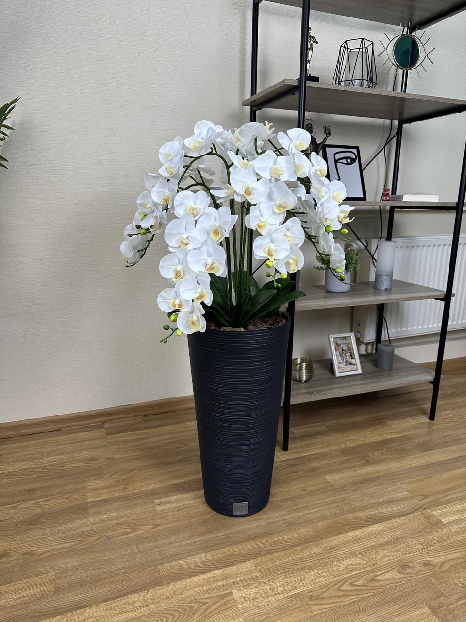 Напольная композиция из латексных орхидей Premium на 9 веточек в черном пластиковом кашпо Белый (А042)
