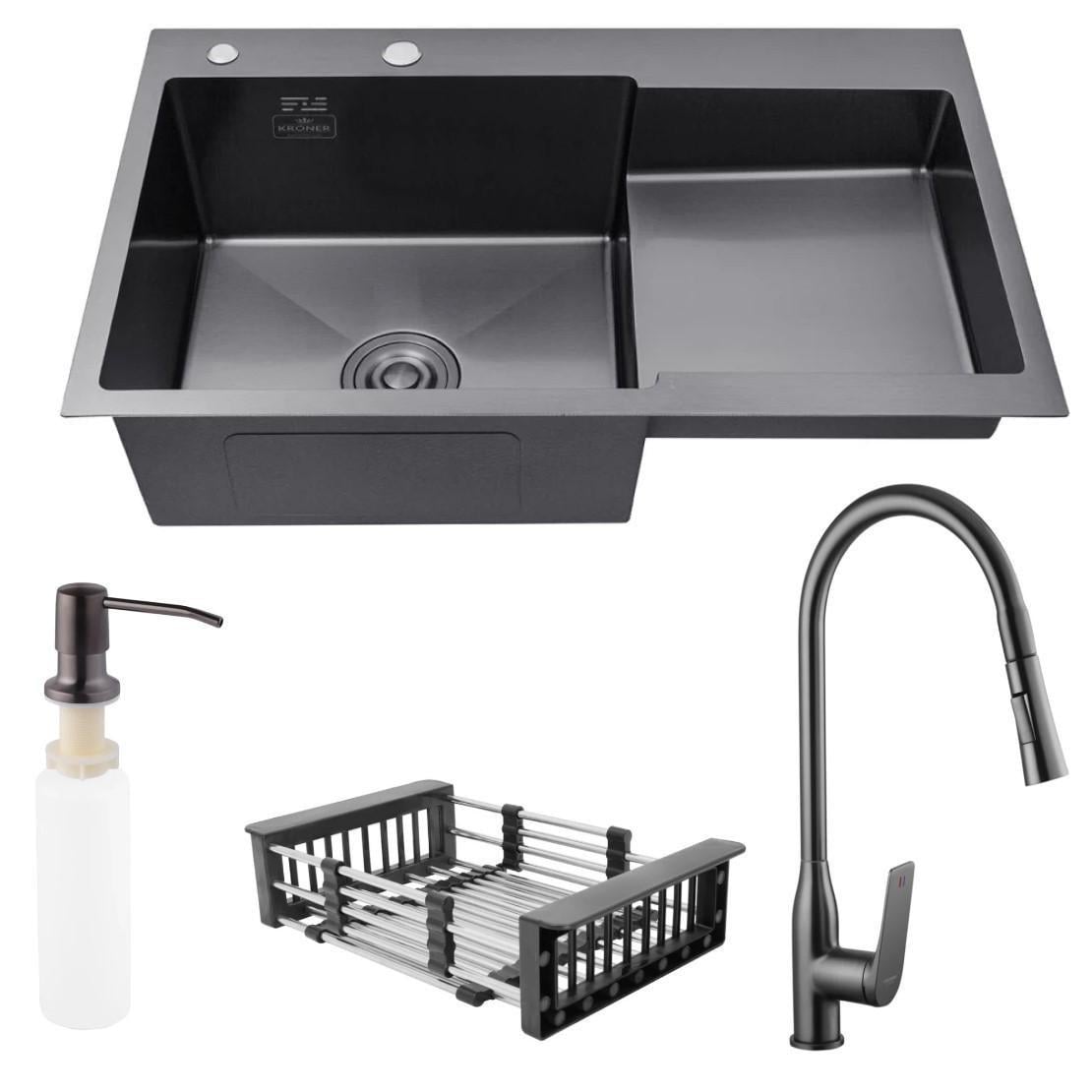 Мийка Kroner 7848LHM ліва та змішувач для кухні з висувним виливом Kroner KRP Graz-GRP030-T