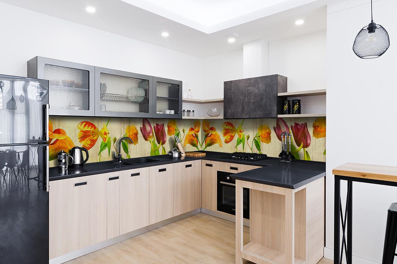 Кухонный фартук Винтажные тюльпаны из самоклеющейся виниловой пленки 60х250 см Желтый