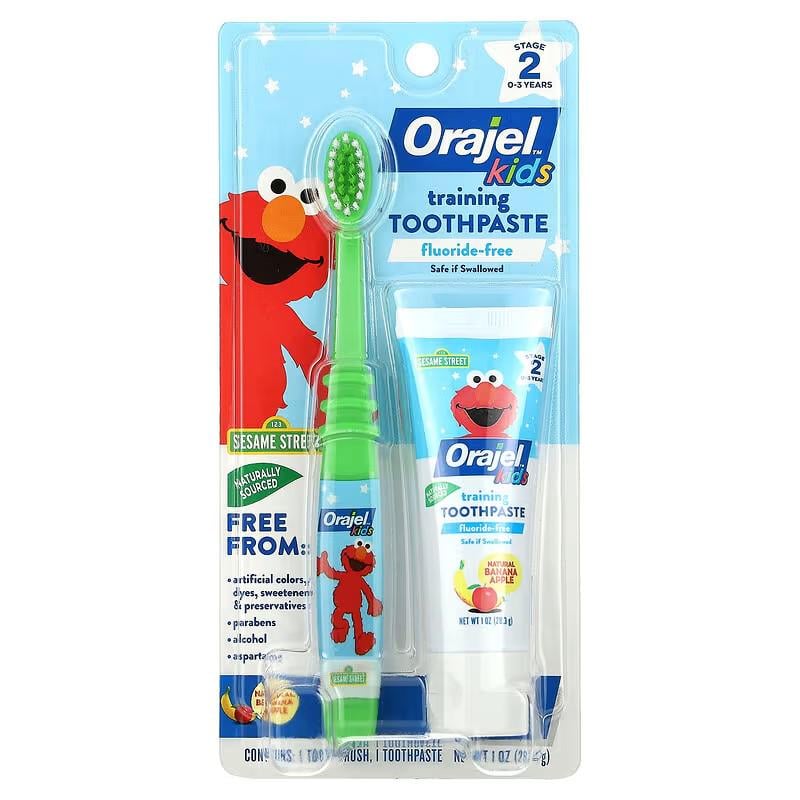 Зубная паста для детей Orajel Kids Elmo Training Toothpaste Toothbrush Fluoride-Free Stage 2 0-3 Years Banana Apple 28,3 g - фото 1