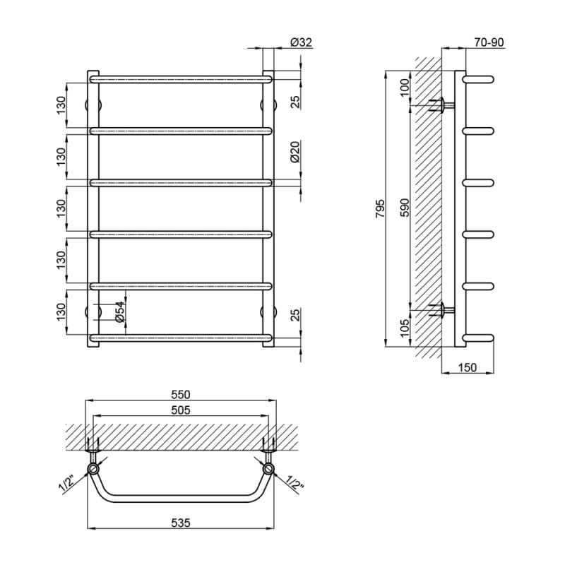 Сушарка для рушників водяна Lidz Standard (CRM) D32/20х1/2" 500x800 мм P6 - фото 2