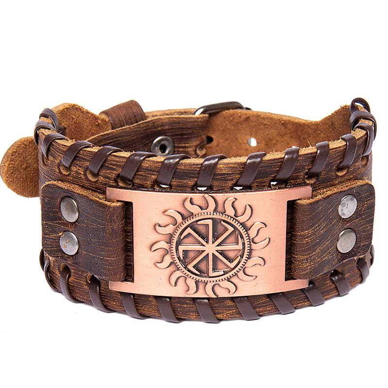 Браслет-талисман мужской LIKGREAT Коловрат Черное Солнце кожаное 27х3,6 см Коричневый/Медный (SGF1077BRC)