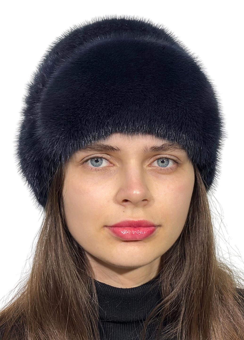 Зимняя женская шапка Меховой стиль Лобик из вязаной натуральной норки Синий ирис (132)
