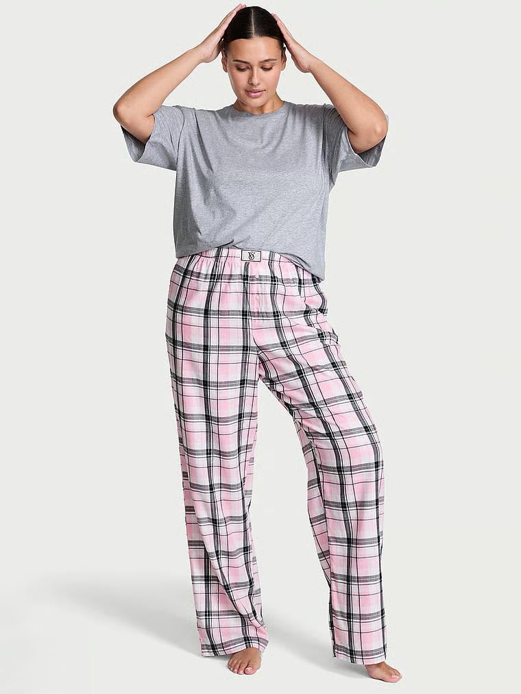 Пижама котоновая Victoria's Secret Flannel Short-Sleeve Long Tee-Jama Set Regular L Серый (27156463)