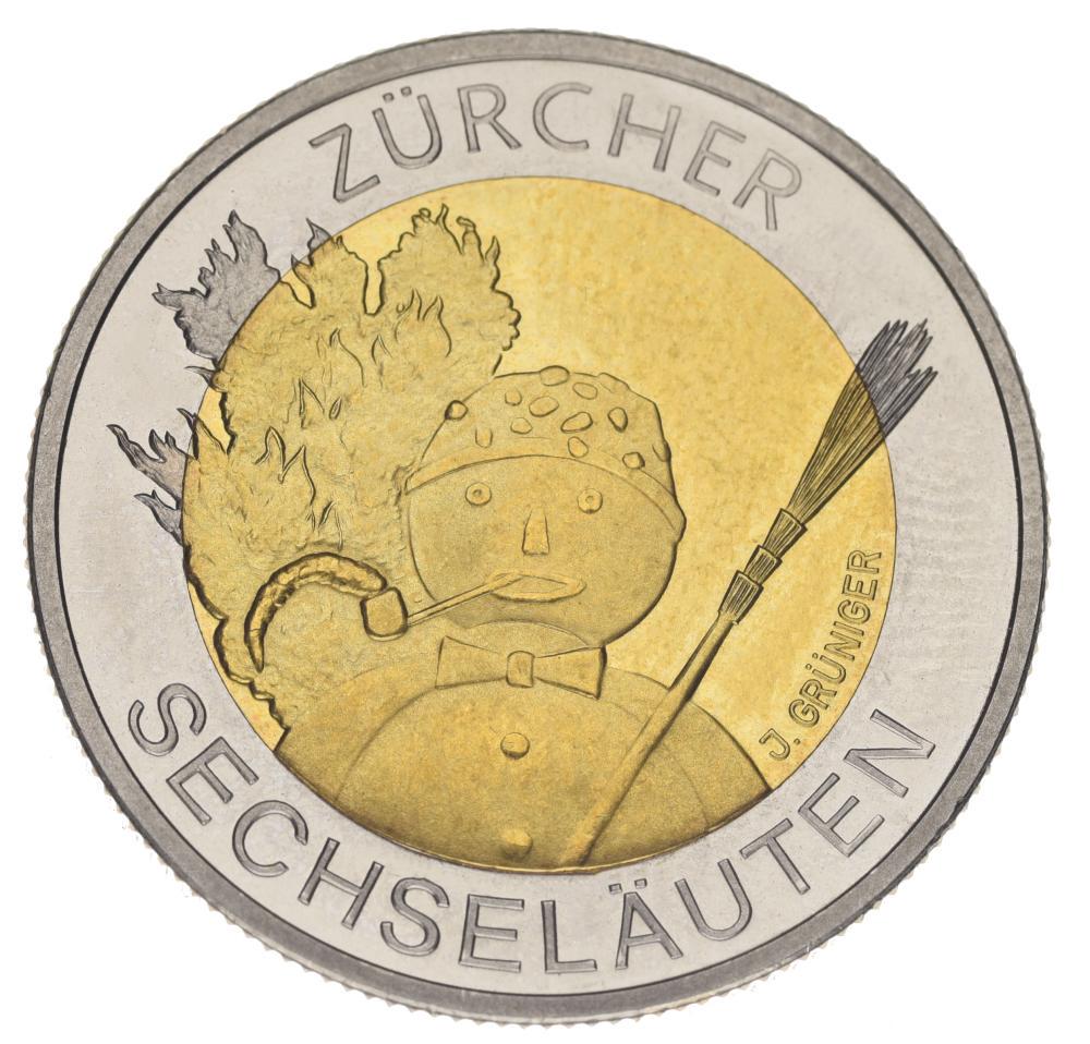 Коллекционная монета Швейцария 5 франков 2001 Биметалл UNC Проводы зимы в Цюрихе Парад гильдий (М16856)