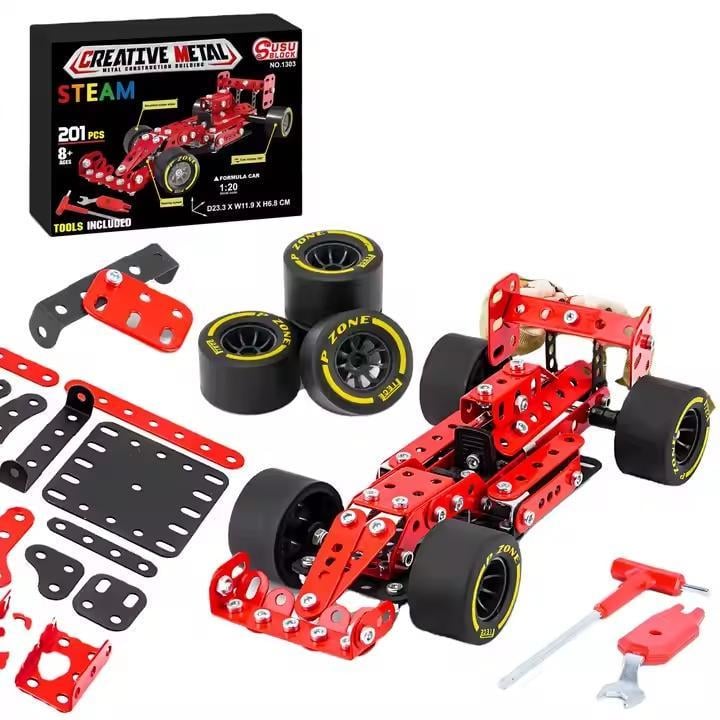 Конструктор детский металлический STEAM F1 Гоночный автомобиль с инструментами 201 деталь (0903) - фото 9