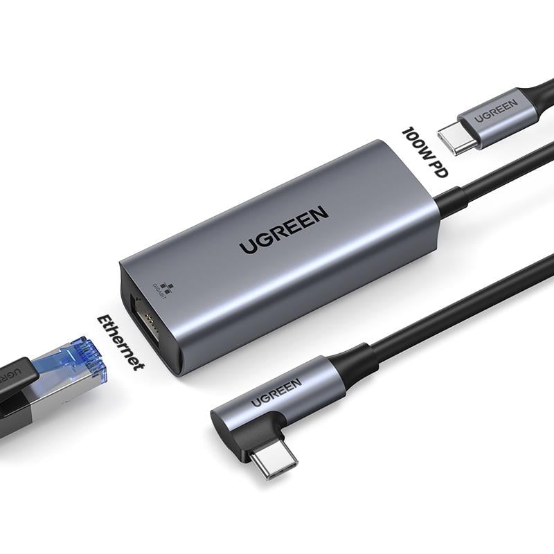 Сетевой адаптер Ethernet UGREEN CM255 1 м USB-C на RJ45 100 Вт Темно-серый (65729)