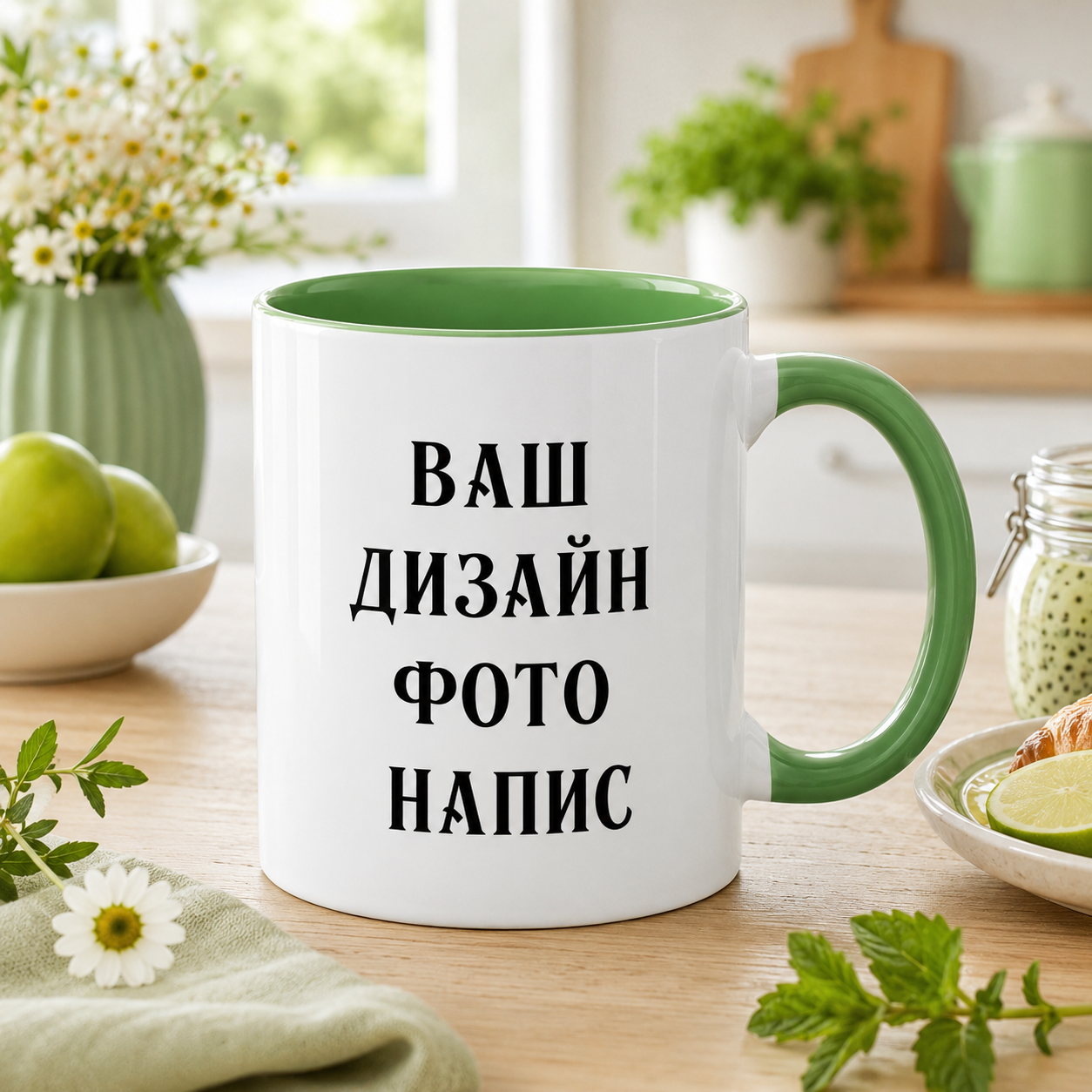 Чашка керамическая с цветной ручкой и цветом внутри 330 мл