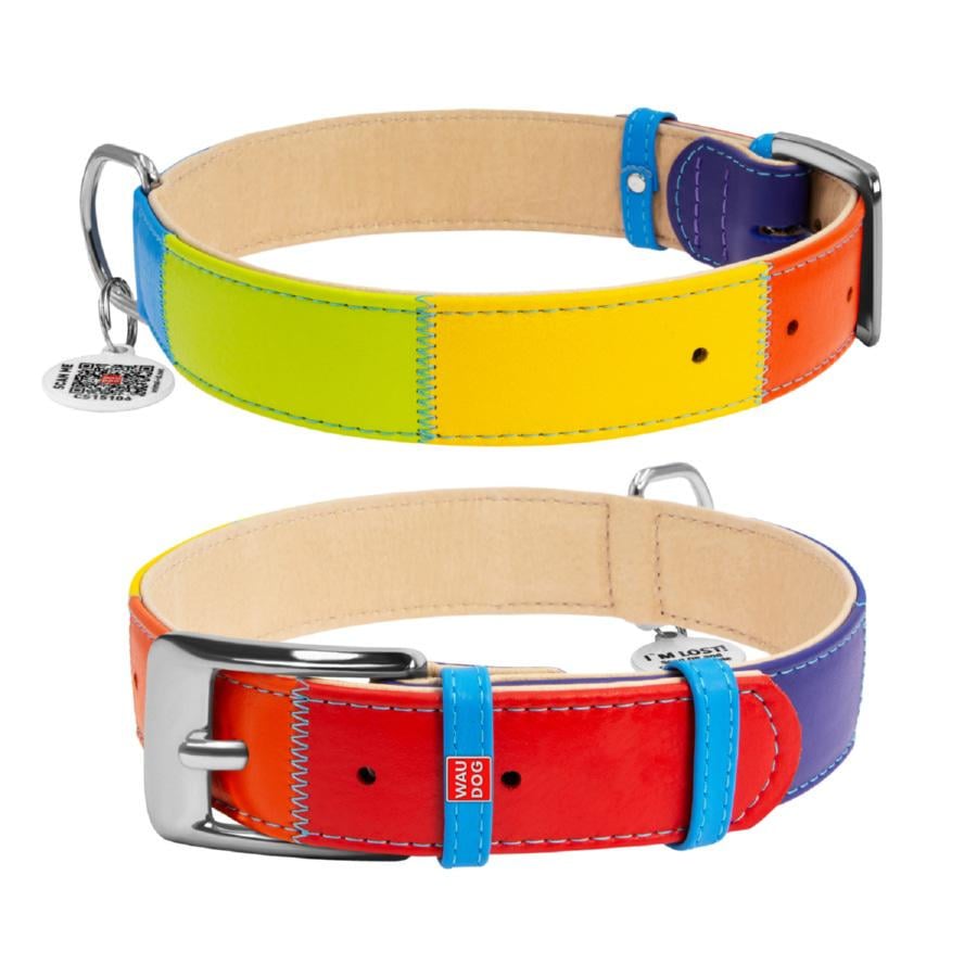 Ошейник для собак кожаный Waudog Glamour Радуга с QR паспортом S 20 мм 30-39 см