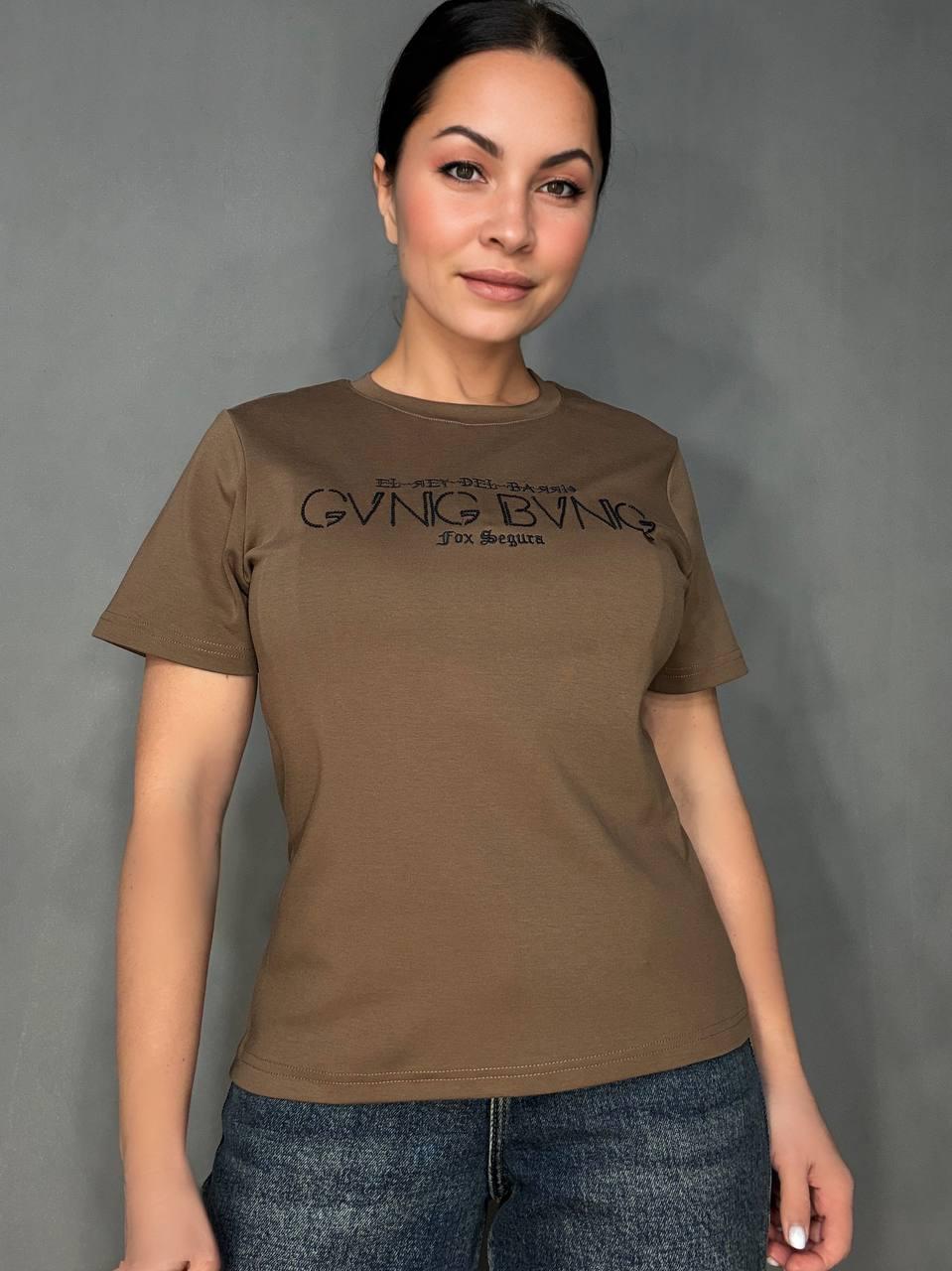 Футболка женская A-N 30153 с вышивкой базовая однотонная OS Коричневый (6303)