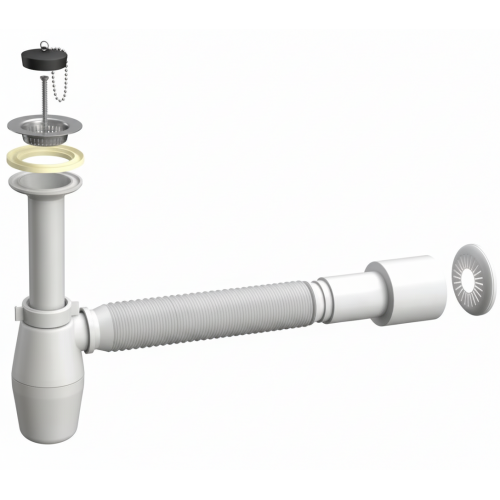 Cифон для кухонної мийки Aqua Factory з пробкою 5/4 з гофрою d 32 мм та з розеткою (GRM-47629-01)