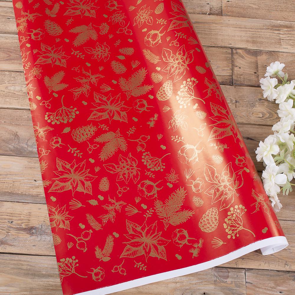 Бумага новогодняя золотая Пуансетия 70 см 10 м Красный (3832-36)