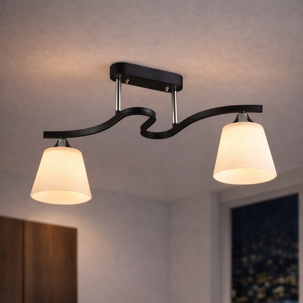 Люстра Sirius с матовыми стеклянными плафонами под две лампы Е27 Черный/Хром (B N3532/2 BK+CH)