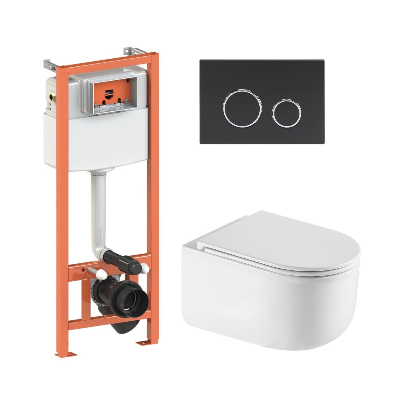 Инсталляция для ванной комнаты Qtap Nest 4в1 подвесной унитаз Taurus Ultra Quiet круглая клавиша Black (2611546666)