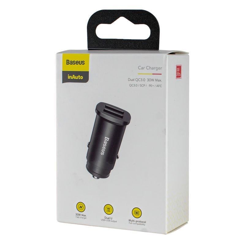Зарядное устройство автомобильное BASEUS Square metal A+A 30W Dual QC3,0/SCP/AFC Black (231665)