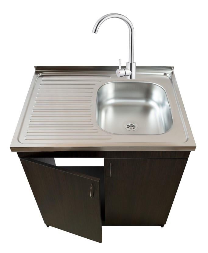 Тумба кухонная с мойкой со смесителем и сифоном правая чаша 80x60 см 0,6 мм Венге (2551350984)