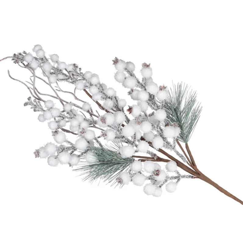 Декоративная ветка новогодняя с хвоей и заснеженными ягодами 62 см Белый (2775960244)