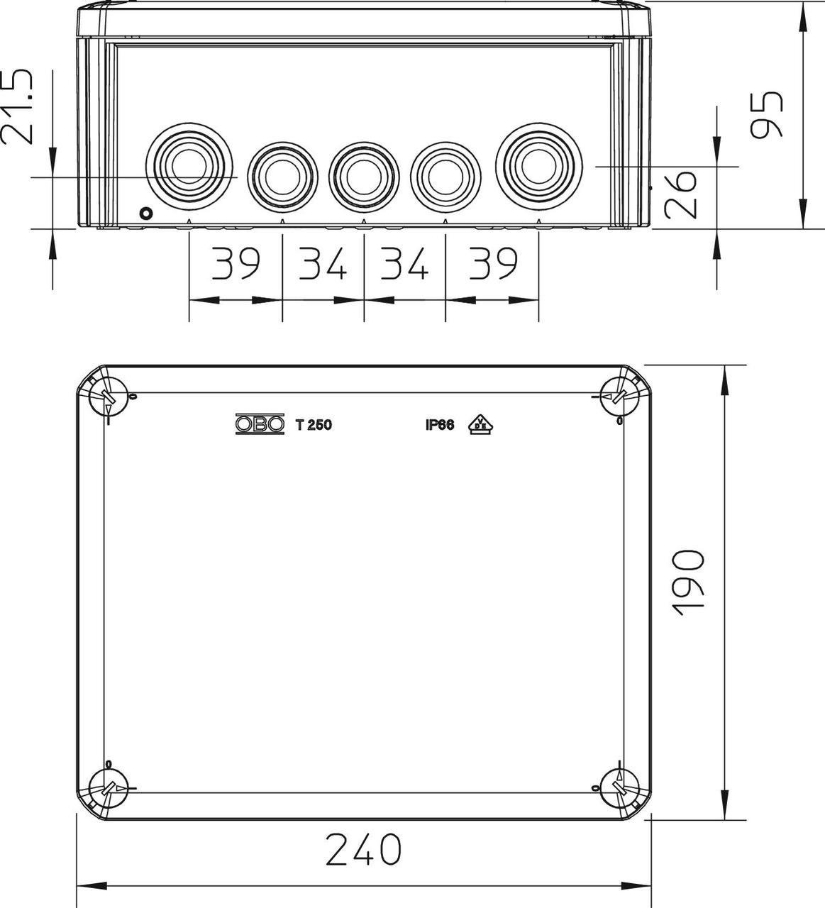 Распределительная коробка OBO bettermann Т250 наружная 16 герметичных вводов IP66 PP 240х190х95 мм (2007109) - фото 2