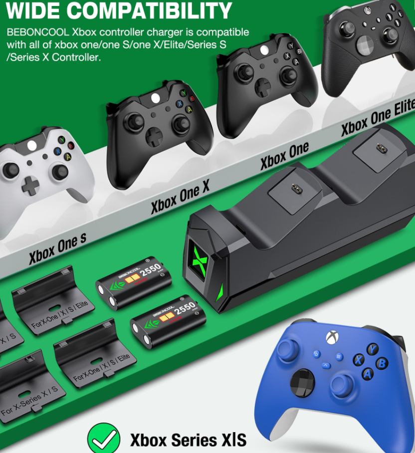 Док-станція BEBONCOOL + 2 акумулятора 2550 mAh для геймпадів Xbox One (S/X) / Elite / Series (S/X) / Чорний - фото 6 Док-станція BEBONCOOL + 2 акумулятора 2550 mAh для геймпадів Xbox One (S/X) / Elite / Series (S/X) / Чорний - фото 6