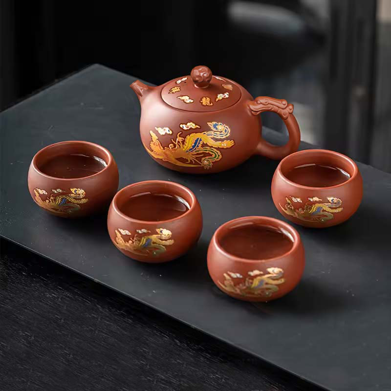 Набір для чаю Lesko 0321610 Dragon and Phoenix заварник 480 мл та піали 4 шт. Brown (30393445) - фото 2