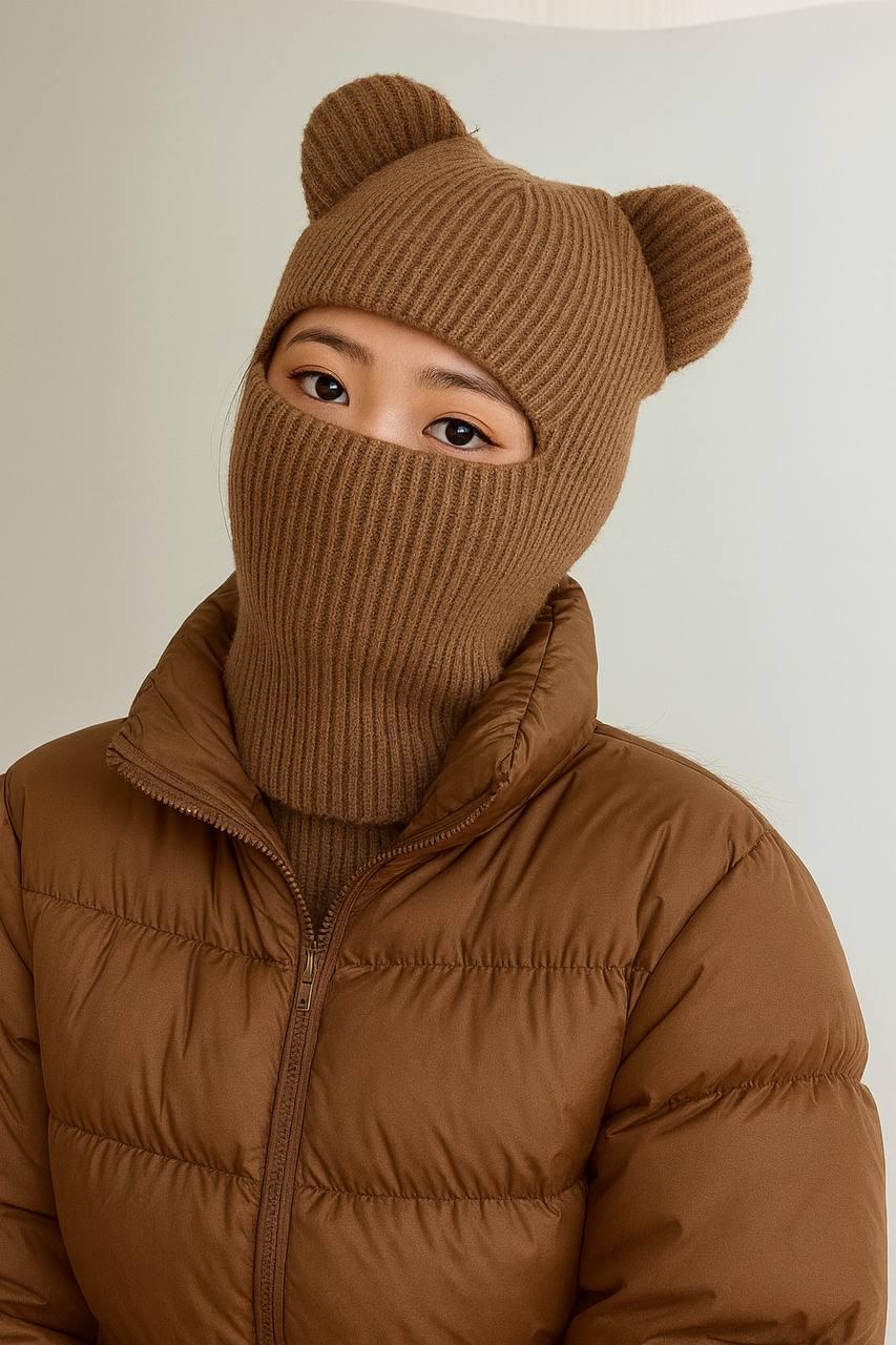 Шапка балаклава вязаная с ушками мишка теплая зимняя One size Коричневый (N98233/2847868345)