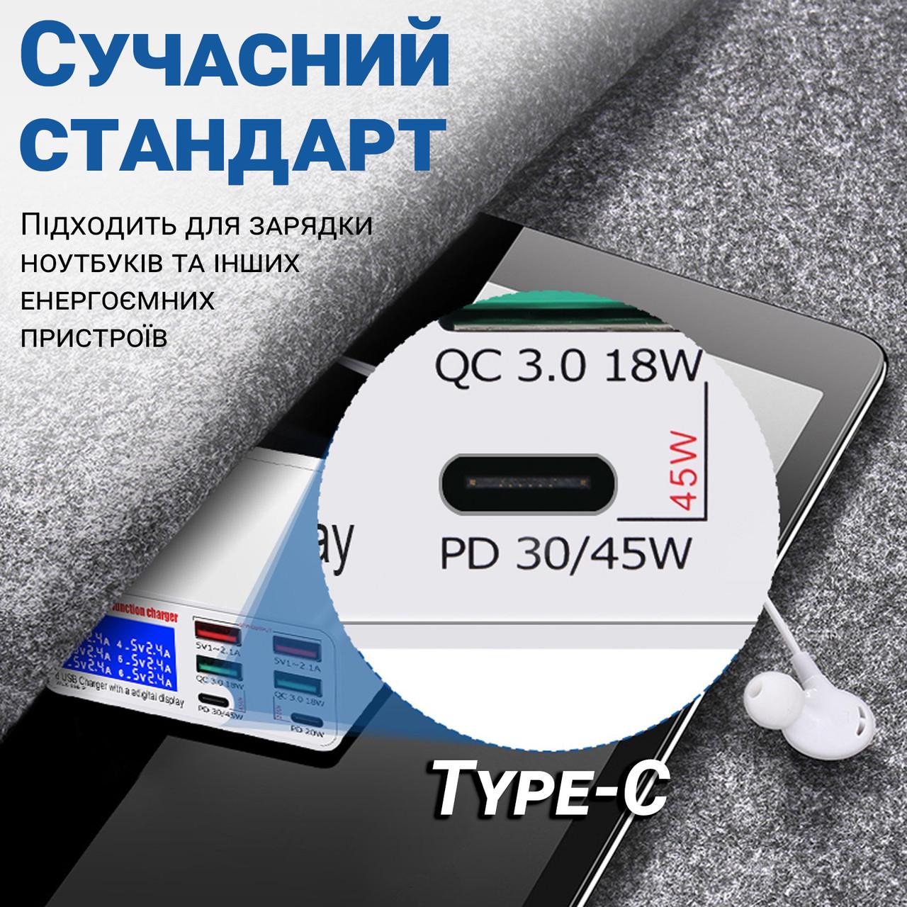 Станція зарядна Addap MCS-896P мультизарядна з дисплеєм на 6 портів 4хUSB-A та 2хType-C портами 87W - фото 10