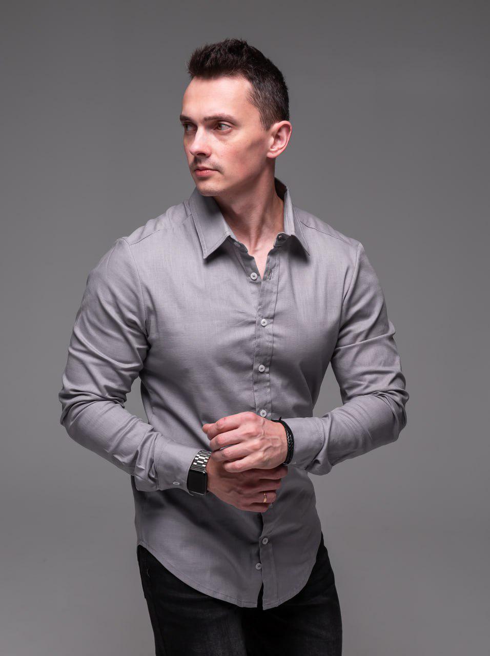 Рубашка мужская льняная с длинным рукавом L Серый (2389/2/3)