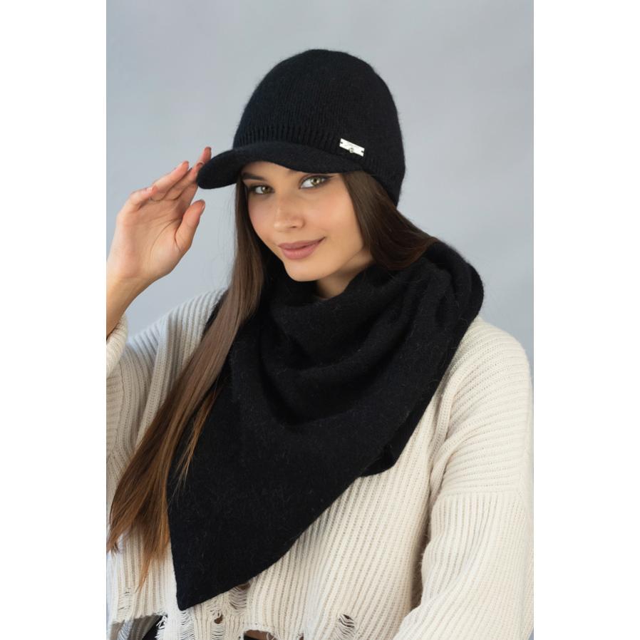 Комплект женский Braxton 4955-5 из шерсти кролика двойная шапка с козырьком и косынка Долорес Черный