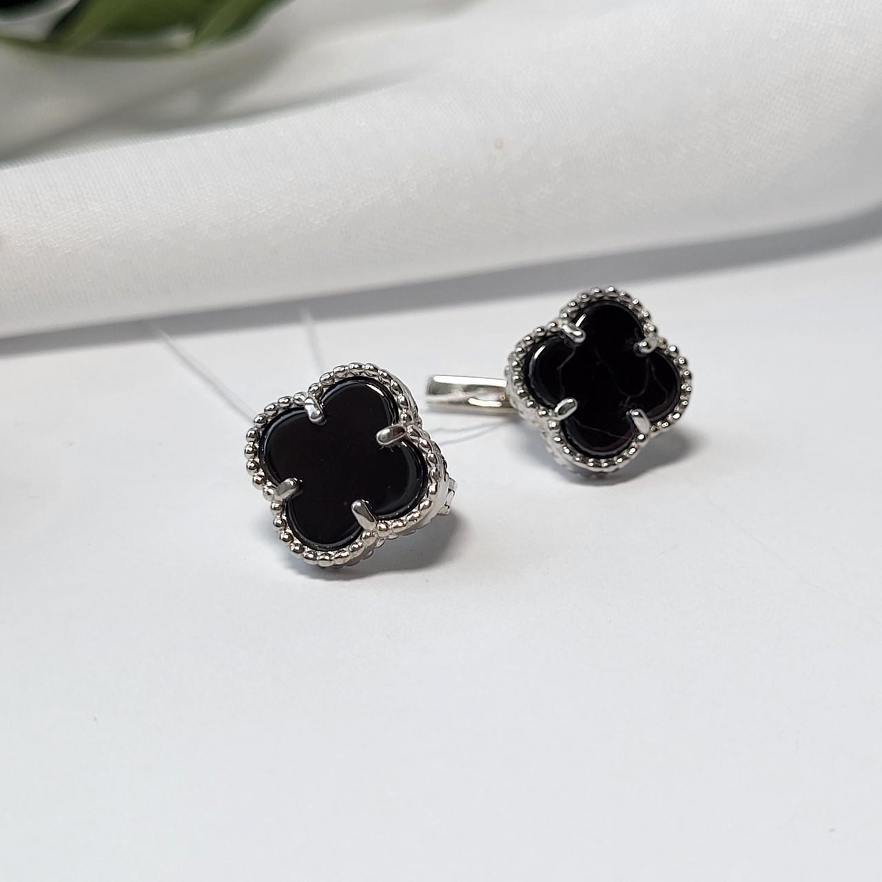 Серебряные серьги пара Цветок с ониксом 925 проба Черный 4,12 г (537р)