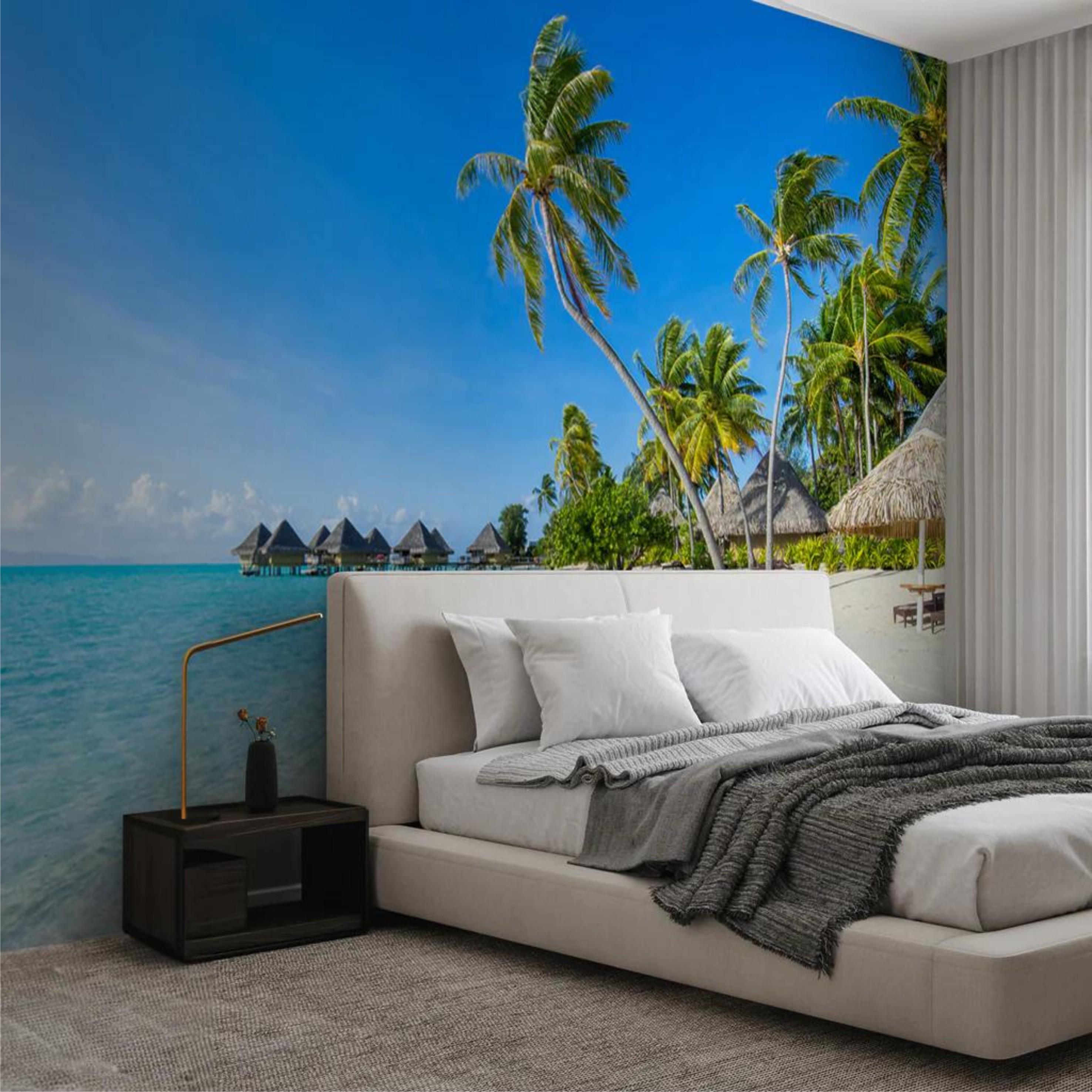 Фотообои Пляж с пальмами и избушками Разноцветный (000409)