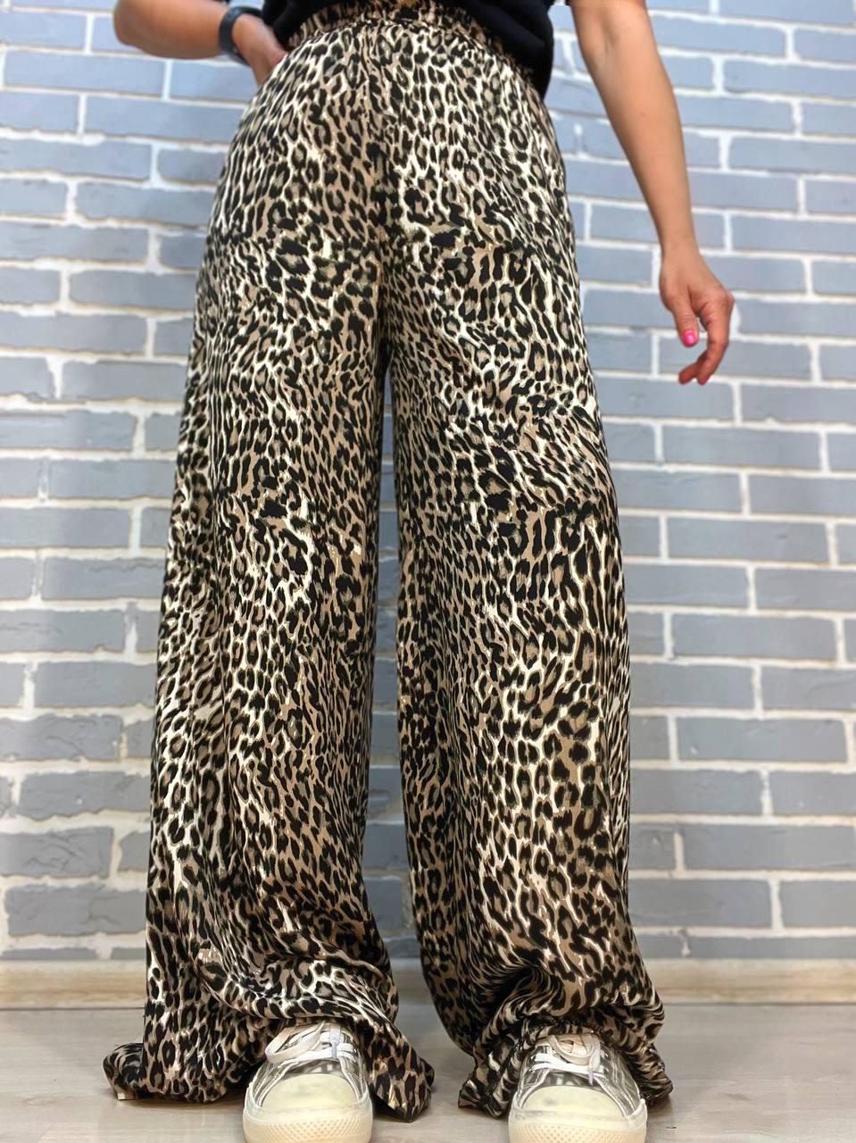 Брюки женские Irel 2080 пояс резинка леопардовый принт широкие палаццо OS Темно-коричневый (2104)