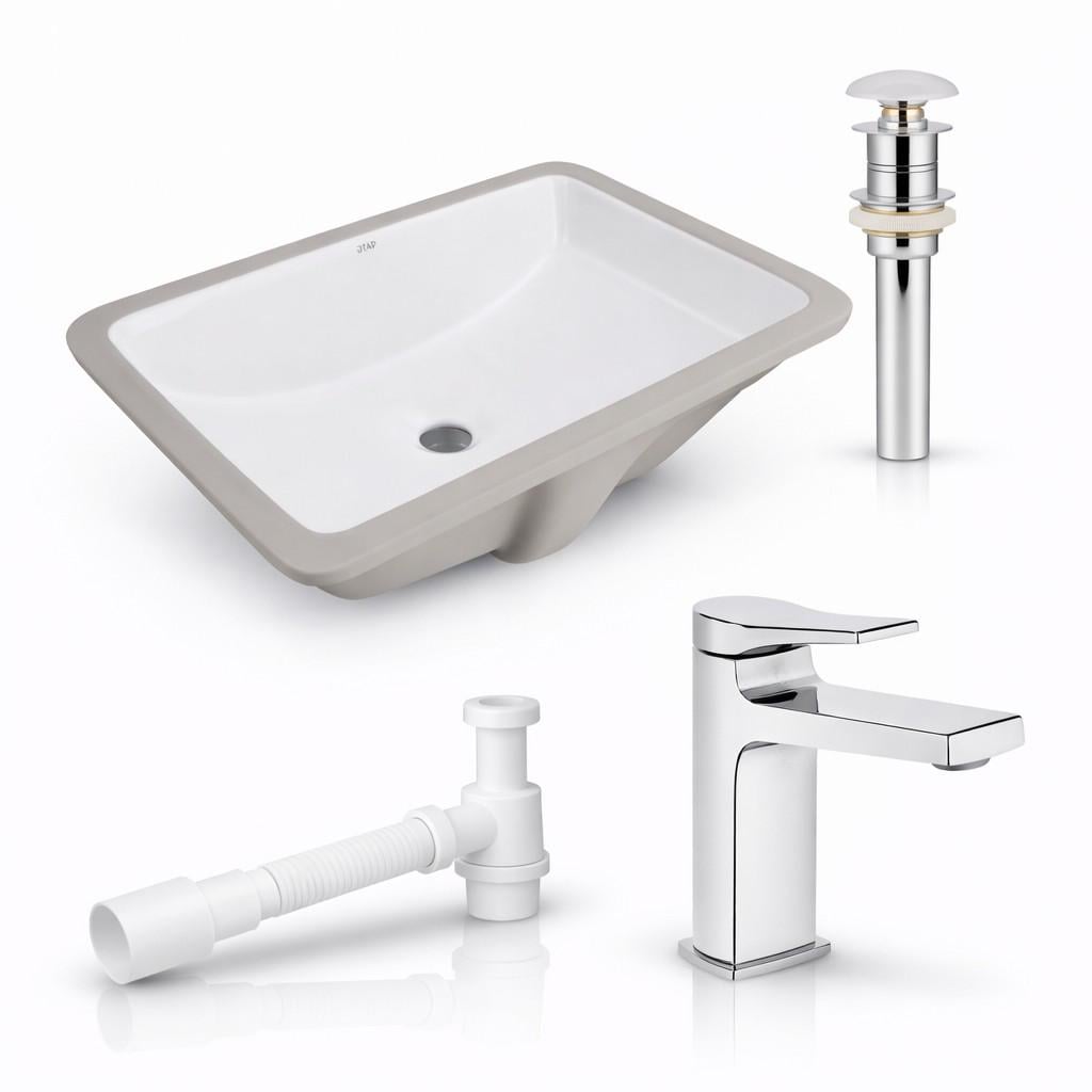 Комплект Qtap Stork 535×365 White врізна раковина під стільницю/змішувач Nando Chrome/донний клапан PU02O/сифон (47293/48649)