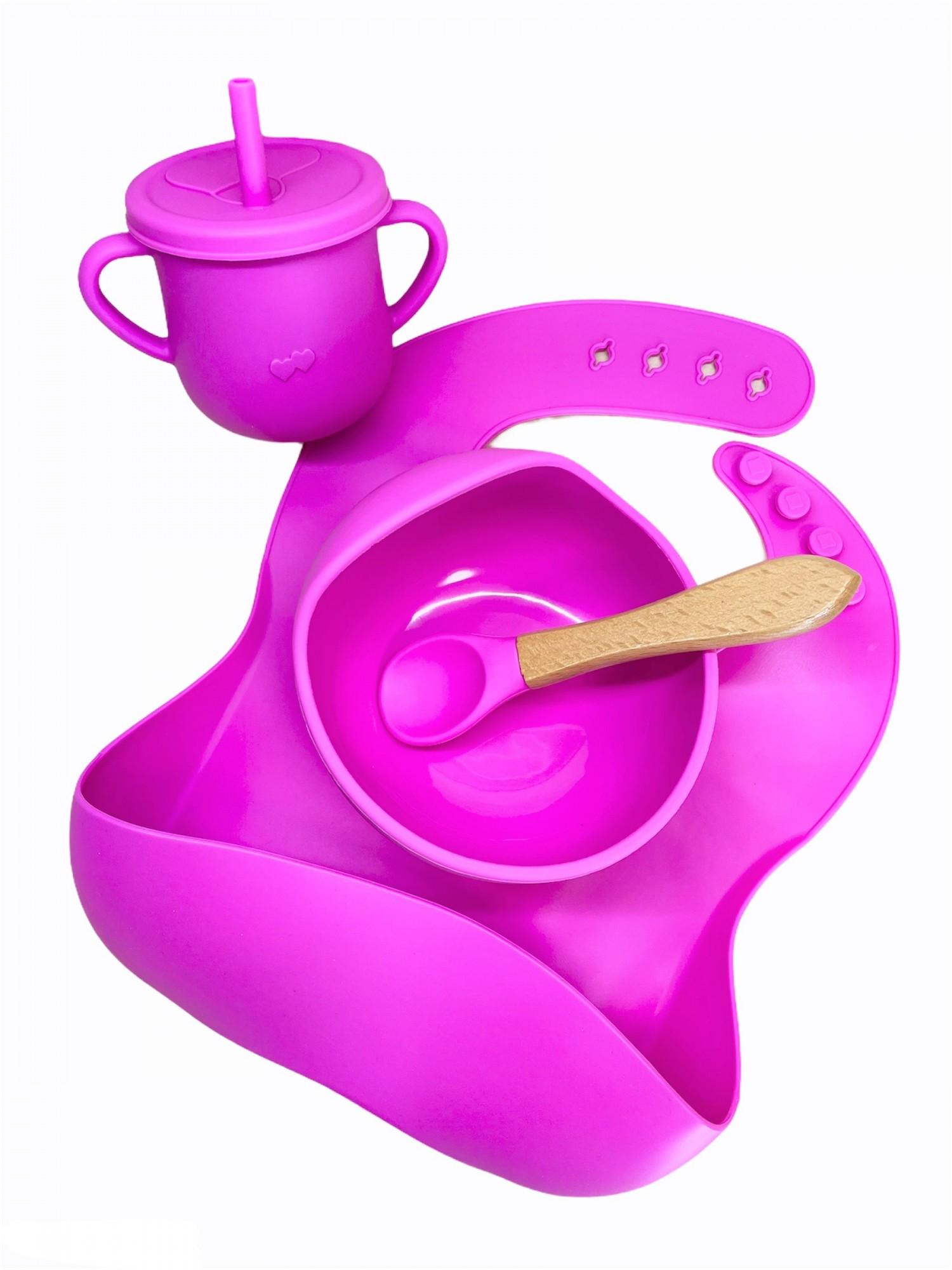 Набір дитячого посуду силіконового з присоскою тарілка/ложка/нагрудник/поїльник Рожевий (24043431) - фото 1 Набір дитячого посуду силіконового з присоскою тарілка/ложка/нагрудник/поїльник Рожевий (24043431) - фото 1