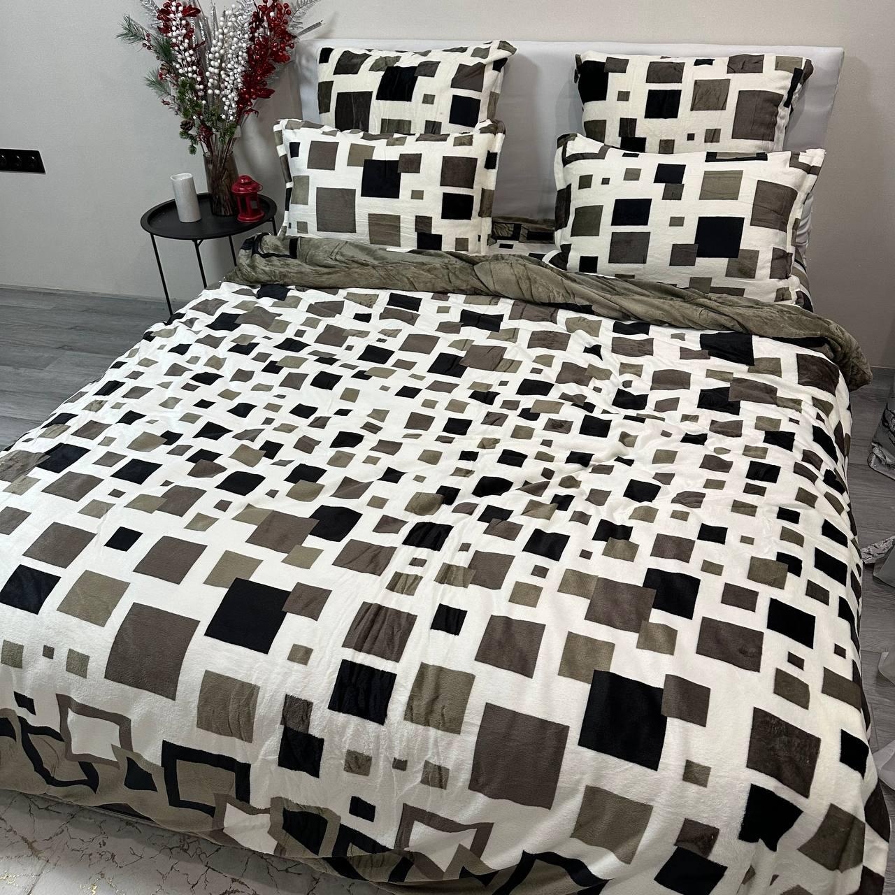 Комплект постільної білизни велюровий з малюнком з 4 наволочками євро 200x230 см Молочно-оливковий (29225212) - фото 5 Комплект постільної білизни велюровий з малюнком з 4 наволочками євро 200x230 см Молочно-оливковий (29225212) - фото 5