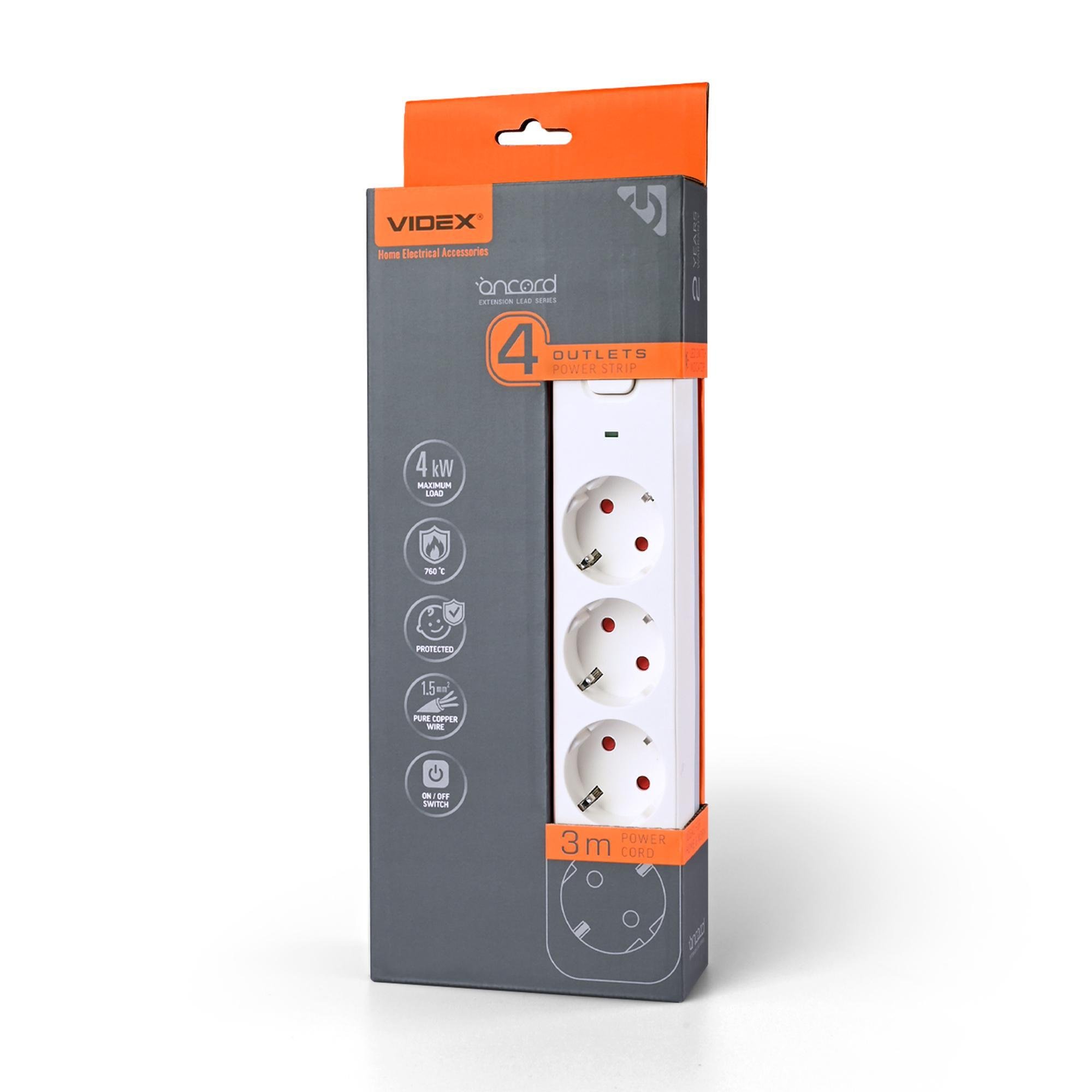 Удлинитель Videx ONCORD 4 гнезда с заземлением/кнопкой/шторками 3 м Белый (VF-PD43G-W)