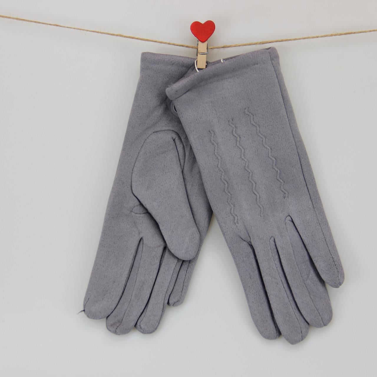 Перчатки женские шитые велюровые с мехом с волной S-M Серо-голубой (31254)