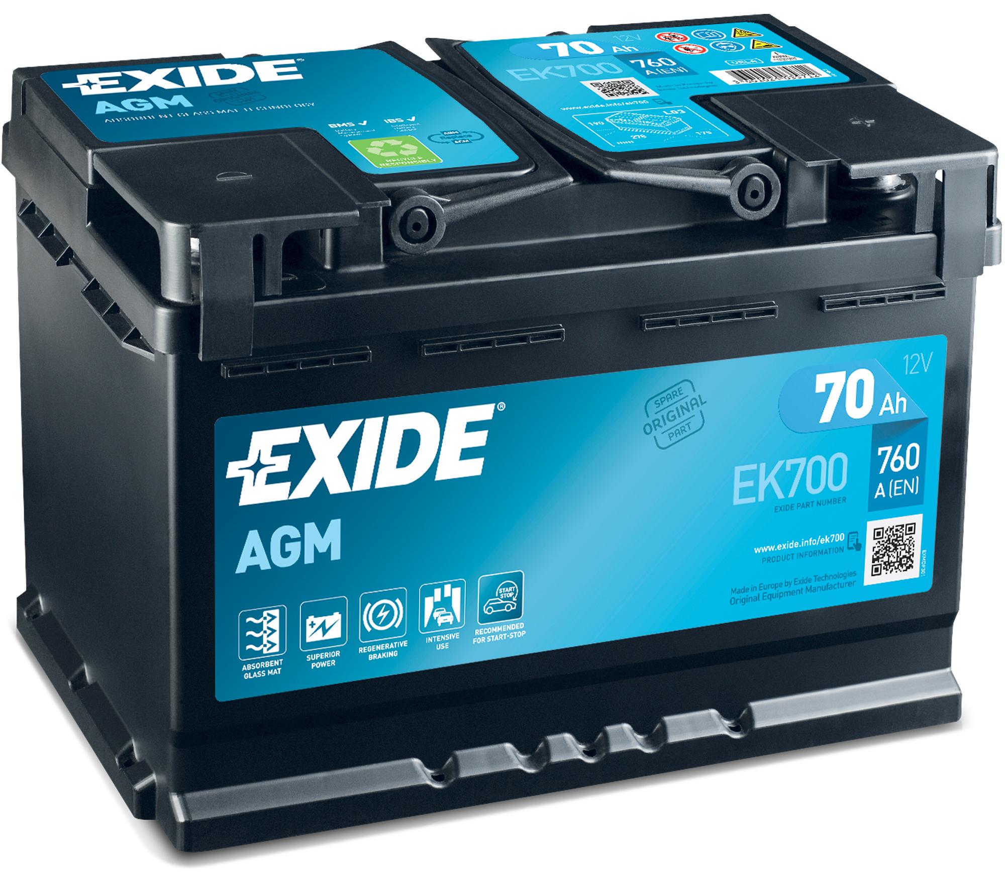 Аккумулятор автомобильный EXIDE Start-Stop AGM EK700 EN 6СТ-70Ah АзЕ 760A (76066)