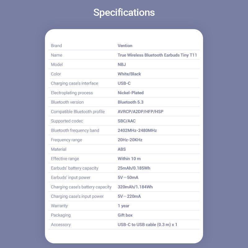 Навушники бездротові Vention Tiny T11 Bluetooth 5.3 з AI-шумозаглушенням TWS 13 мм 25 год відтверення AAC/SBC Hi-Fi Білий (NBJW0) - фото 8
