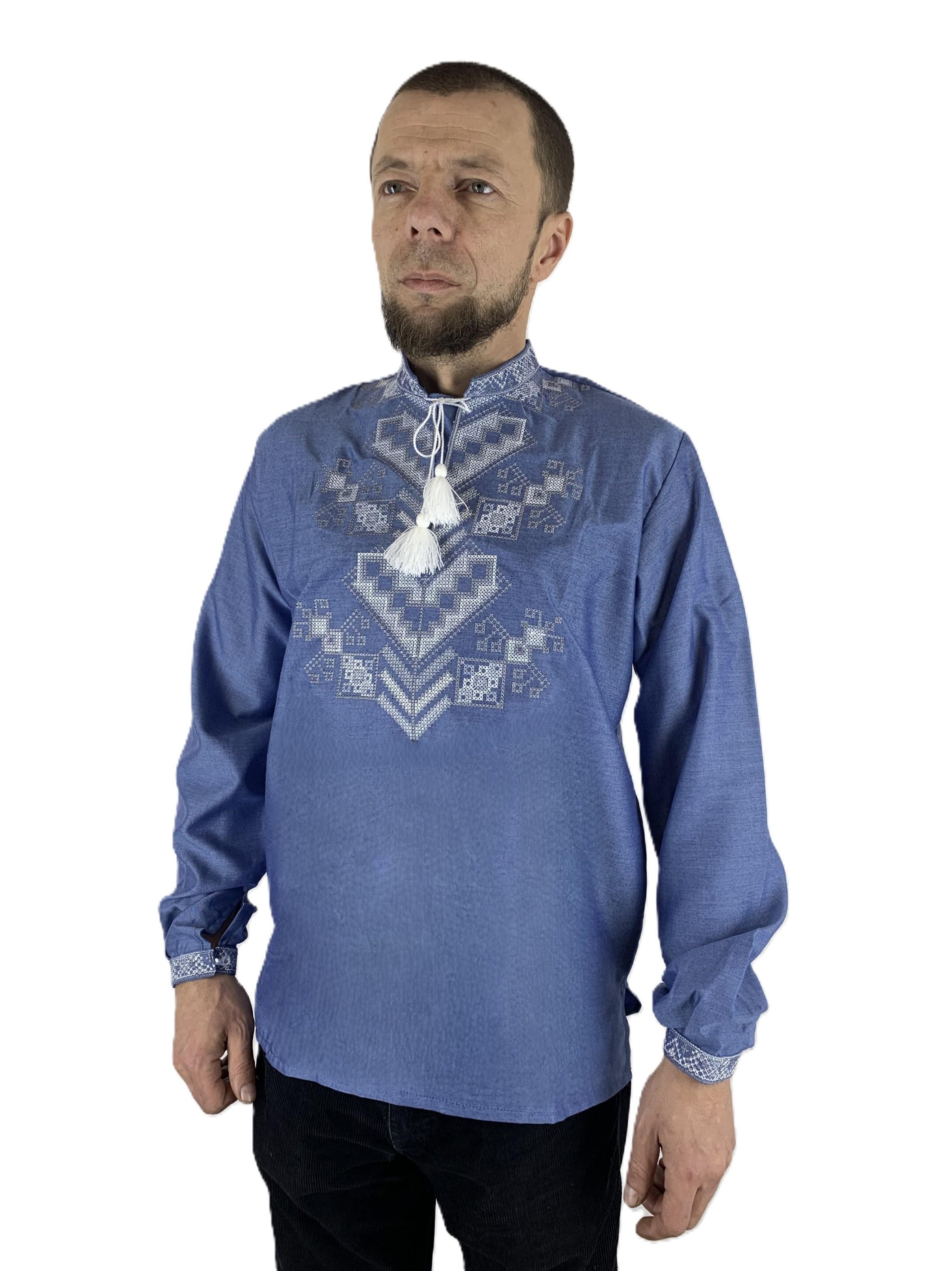 Вышиванка мужская Дерево жизни натуральная с бело-серым орнаментом р. 46 Синий (4427/46) - фото 2
