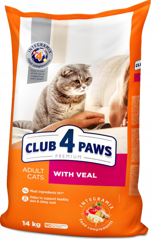 Корм сухой для взрослых кошек Club 4 Paws Premium Клуб 4 лапы с телятиной 14 кг