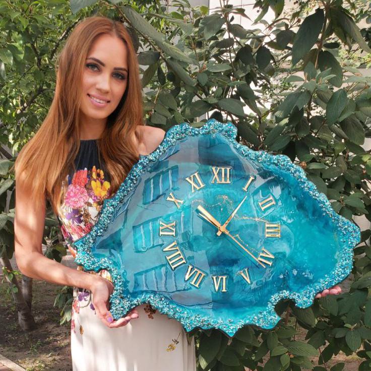 Часы настенные фигурные из эпоксидной смолы Срез камня 40х30 см