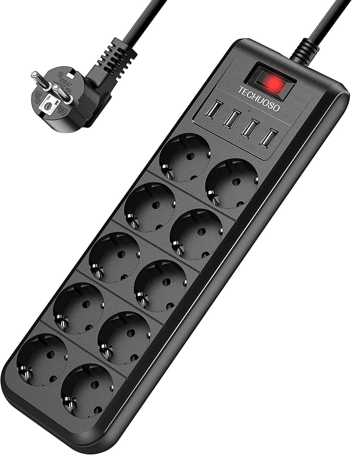 Подовжувач на 10 гнізд Techuoso порти USB з захистом від перенапруги 16A/4000 Вт
