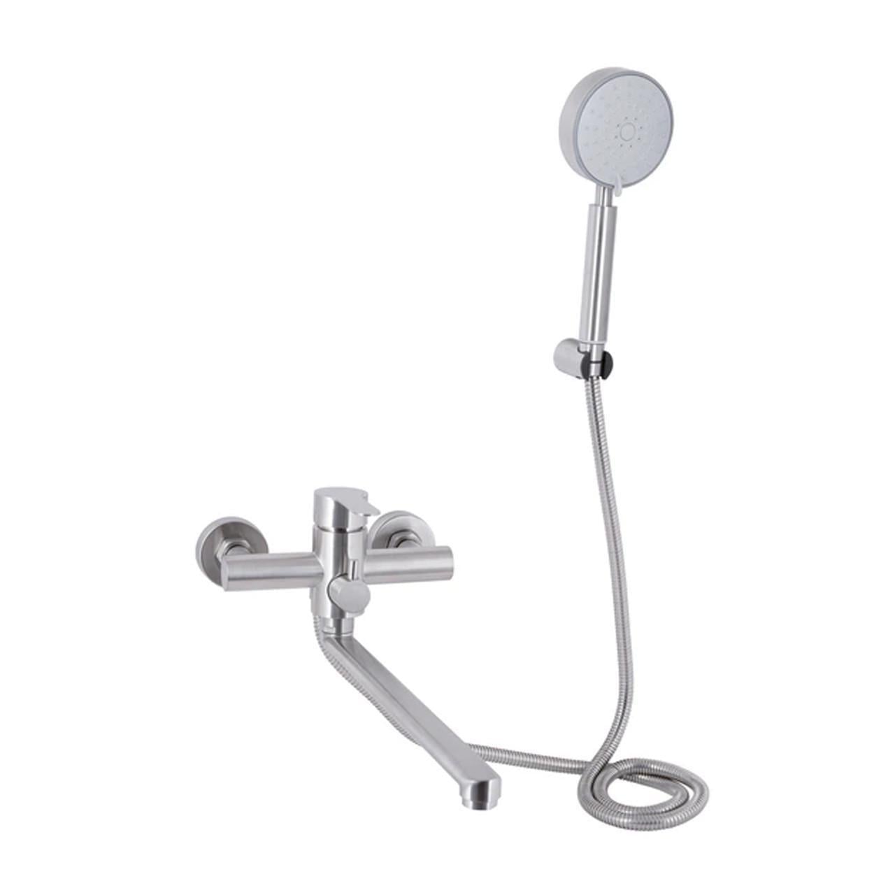 Смеситель для ванны Brinex Pure 005 BRIPUR005NKL с длинным поворотным изливом с душевым гарнитуром Nickel (2552213057)