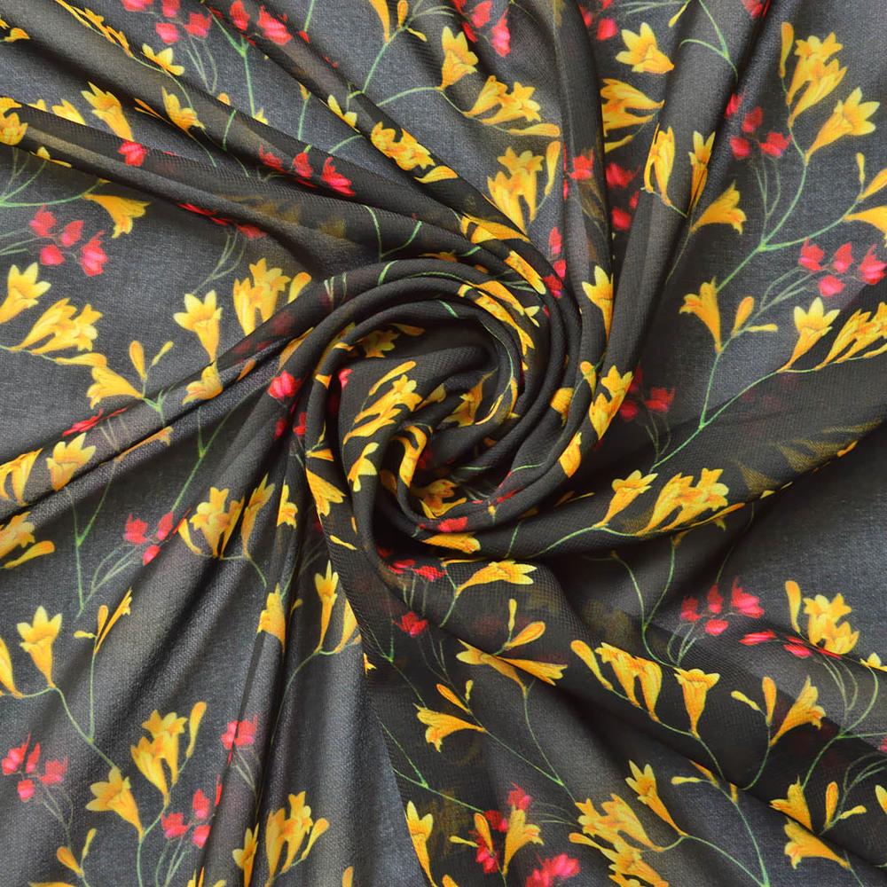 Ткань шифон софт Цветочный Фрезии Черный (13807)