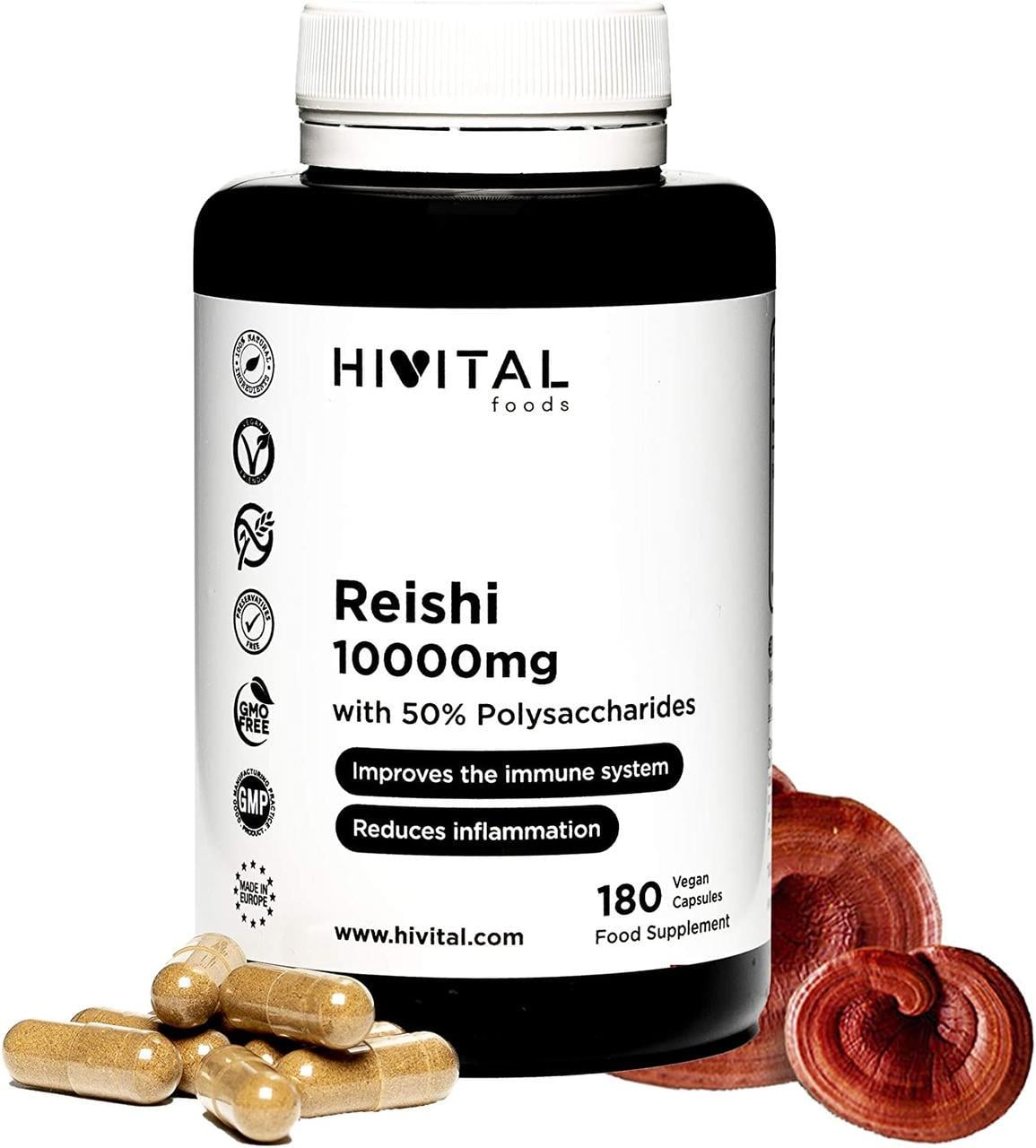 Вітаміни для імунітету Гриби Рейші 10000 мг Hivital Foods 180 капс. (50090HFGR180K)